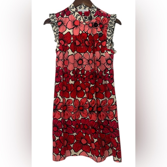 Coreylynncalter Dresses & Skirts - coreylynncalter Red Pink Floral Print Mini SILK Dress Ruffle Cap Sleeves Size 6